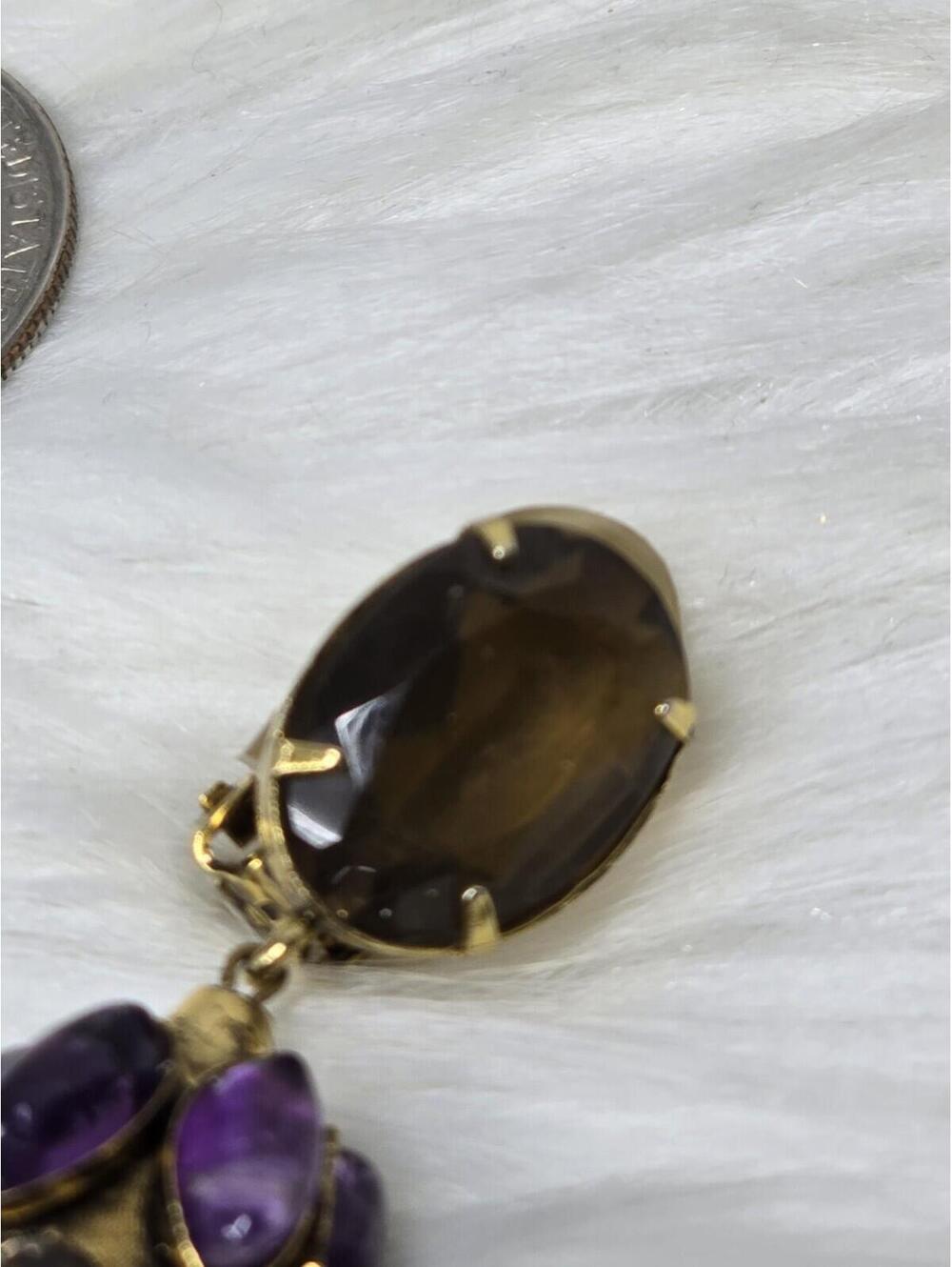 Vintage Amethyst Cabochon Dangle Drop Clip Earrings Estate - Picture 4 of 9